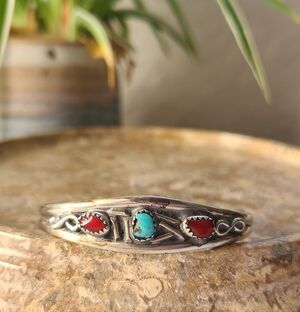 Navajo Native American Sterling Silver 925 Turquoise and Coral Cuff Bracelet